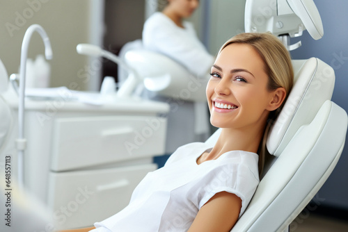 A smiling woman sitting in a dentist's chair. AI generative.