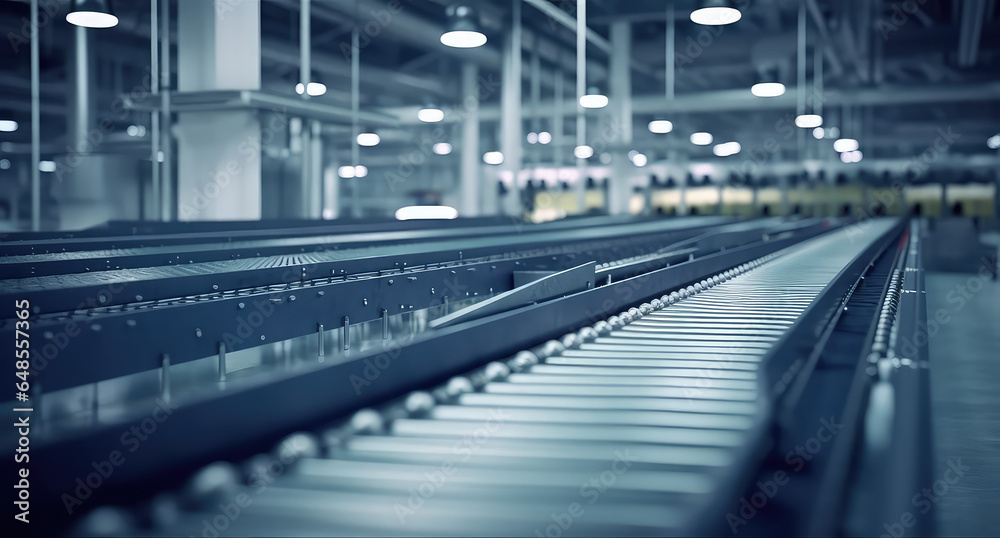 Inside factory conveyor belt production line, nobody, empty indoor product conveyor line. Inside factory conveyor belt production line, nobody, empty indoor product conveyor line.