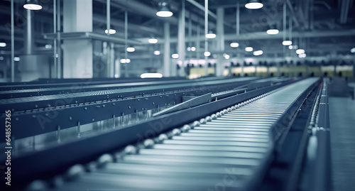 Inside factory conveyor belt production line, nobody, empty indoor product conveyor line.