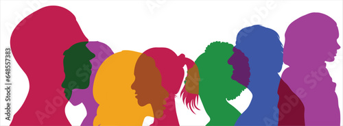 Group diversity silhouette multiethnic people from the side. Community of colleagues or collaborators. Concept of bargain agreement or pact. Collaborate. Co-workers. Harmony. Organization