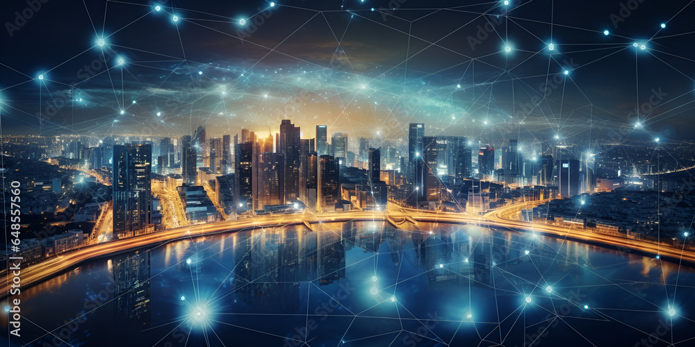 Global Network Connection Over Futuristic Smart City Panaromic Cityscape, Generative AI