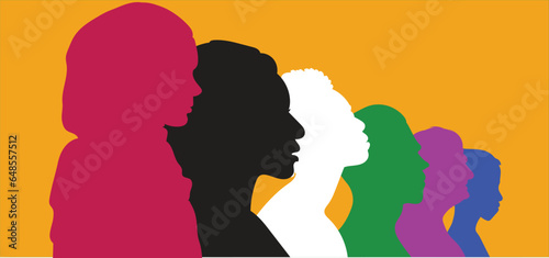 Silhouette profile group of men and women of diverse culture. Diversity multi-ethnic and multiracial people. Concept of racial equality and anti-racism. Multicultural society. Friendship