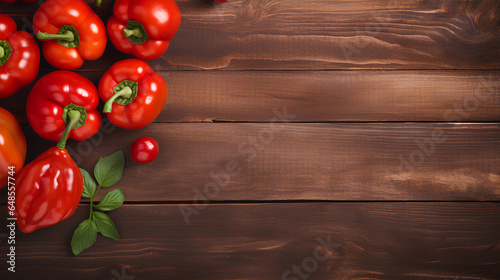 Creative composition of red tomatoes and pepper around a wooden box on a wooden brown table, top view, flat lay in vintage colors style, copy space