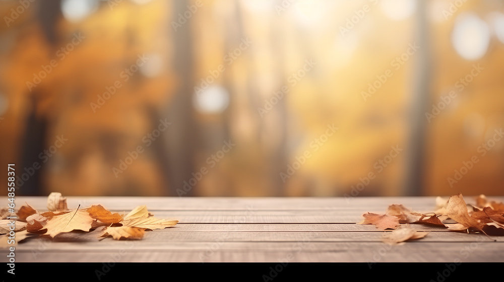 Wooden planks and orange dry leaves against the backdrop of blurred tree foliage in a picturesque autumn park. This versatile autumn background is suitable for presentations and various design purpose