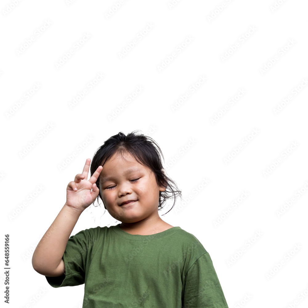Young smiling asian girl wearing green dress holding hands up with two fingers Young smiling asian girl wearing green dress holding hands up with two fingers