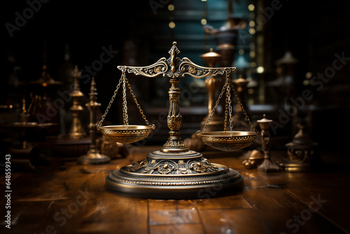 Scales of justice on wooden table. Law and justice concept.