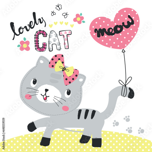Cute cat cartoon wearing ribbon on head with balloons air walking in field vector illustration.