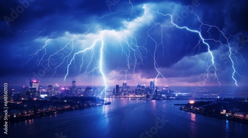 masive lightning storm over city in blue light