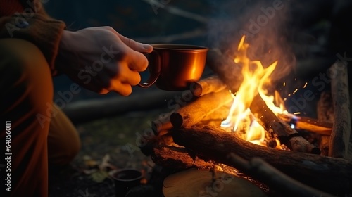 mug in hand near campfire by the ocean during camping