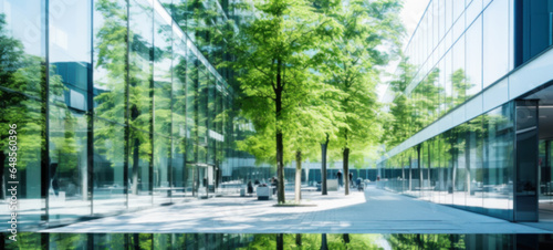 Modern building reflects nature and eco-friendly building in the city, sustainable glass building for reducing heat and carbon dioxide, Office building with a green environment, Blurred image