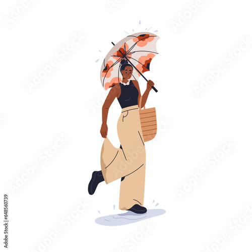 Black girl walking under umbrella in rainy weather, day. Modern African-American woman standing with wet clothes from rain, puddle splatters. Flat vector illustration isolated on white background