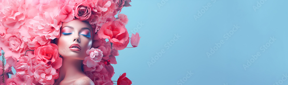 Beauty Art girl blonde with pink flowers in her hair and professional makeup, on a studio blue background banner with copy space. The concept of naturalness of cosmetic products and cosmetology.