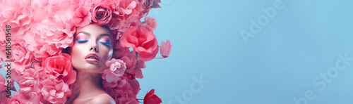 Beauty Art girl blonde with pink flowers in her hair and professional makeup, on a studio blue background banner with copy space. The concept of naturalness of cosmetic products and cosmetology.