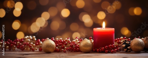 Christmas burning red candle and christmas decorations on wooden background, Christmas day horizontal greeting and invatation banner with copy space for advertisement photo