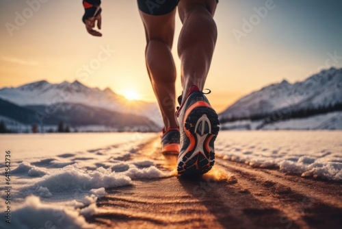athlete running close up shoes on the start, sunset, snow with beautiful montains background

