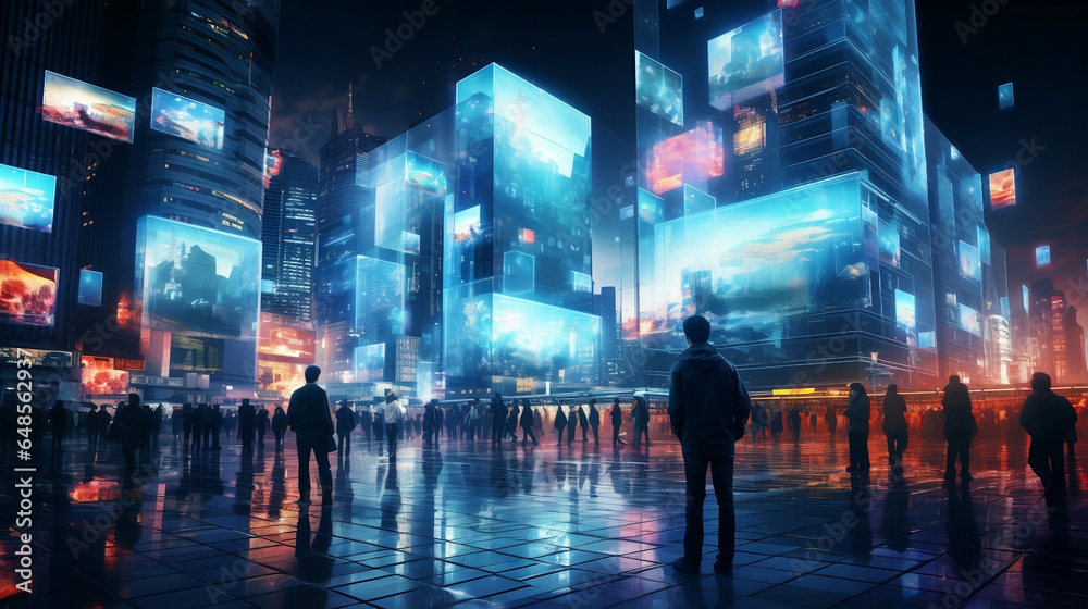 Futuristic Tokyo, Holographic Cityscape Illuminates Shibuya Crossing at Night