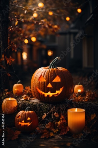 Glowing Halloween Pumpkin on a Spooky Night Street 