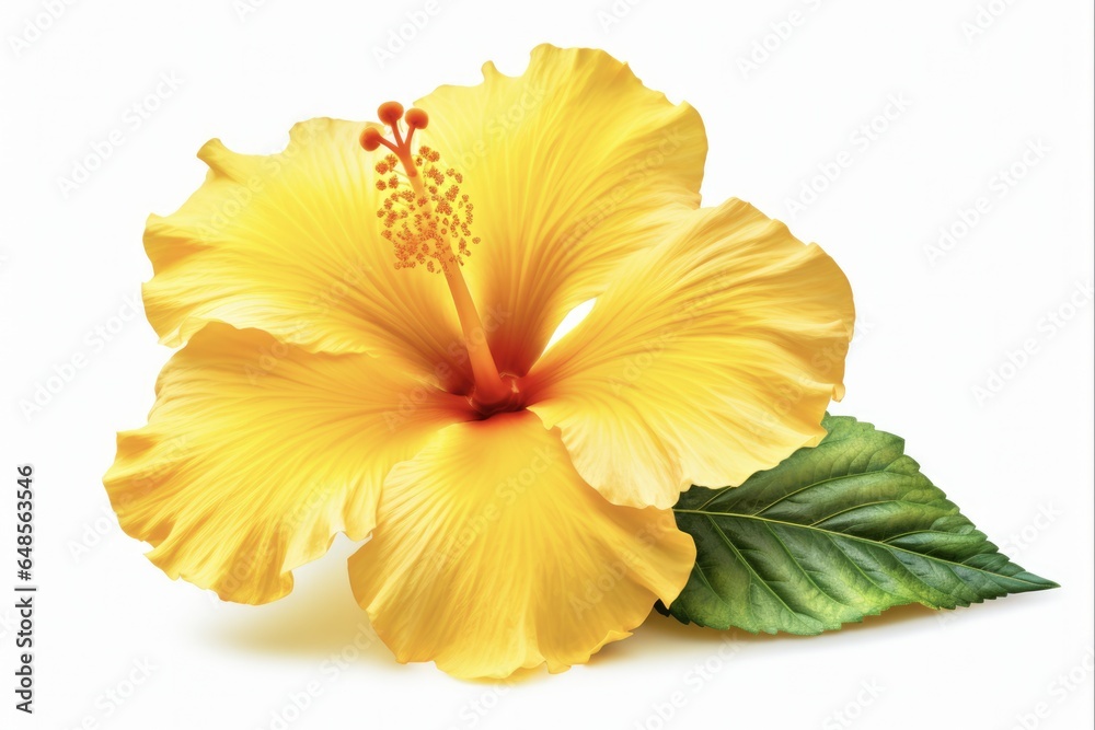 Beautiful Yellow Hibiscus. Exotic Tropical Flower with Pistil and Pollen Isolated on White Background to Brighten Up Any Design - obrazy, fototapety, plakaty 