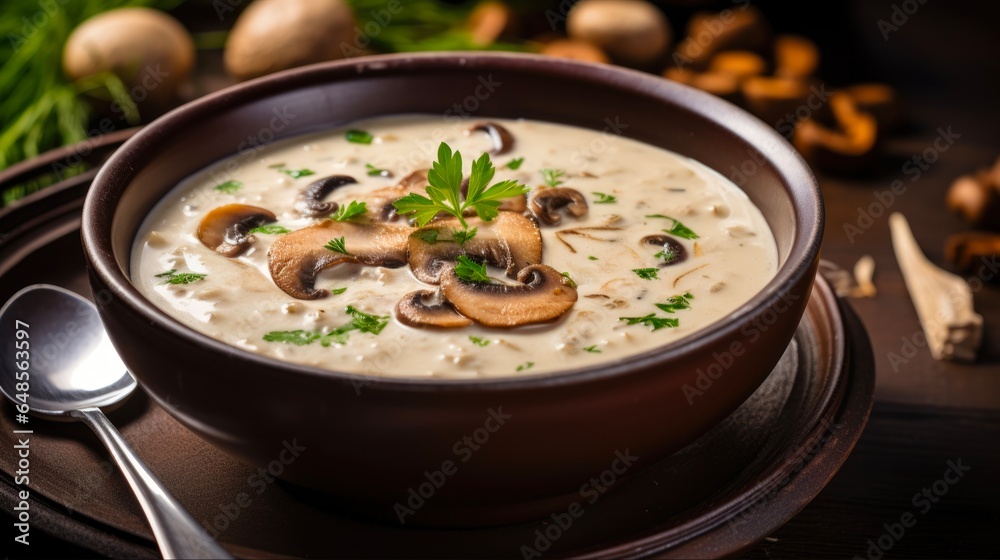 Creamy Mushroom Soup Served Fresh in a Bowl for a Wholesome Vegetarian Lunch Meal