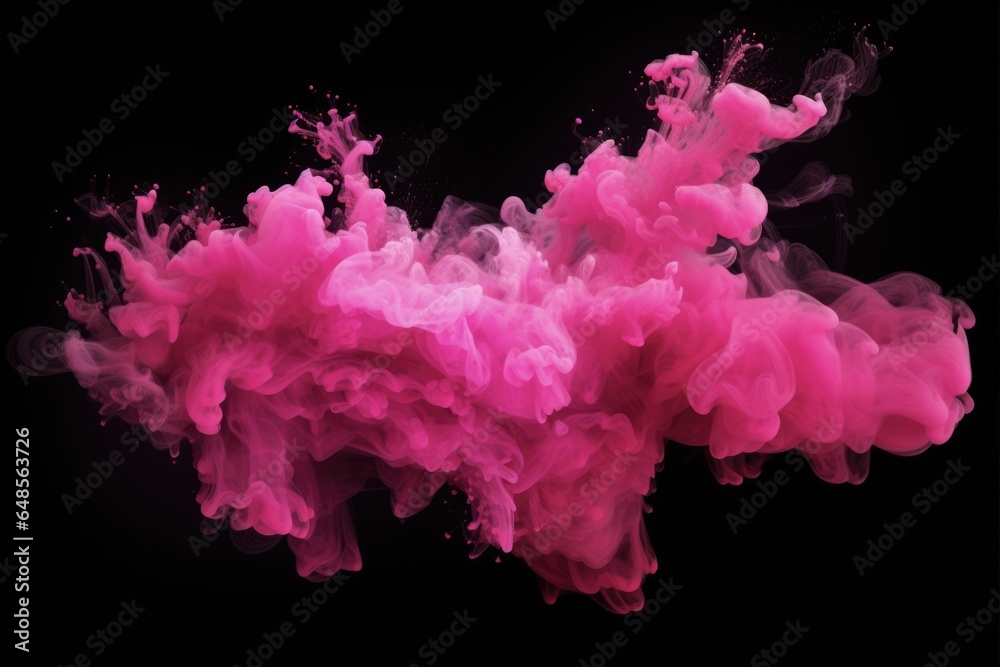 Pink Explosion on Black Background Creates Smoke, Powder and Liquid Splatter Effect of Pink Particles in Dispersion