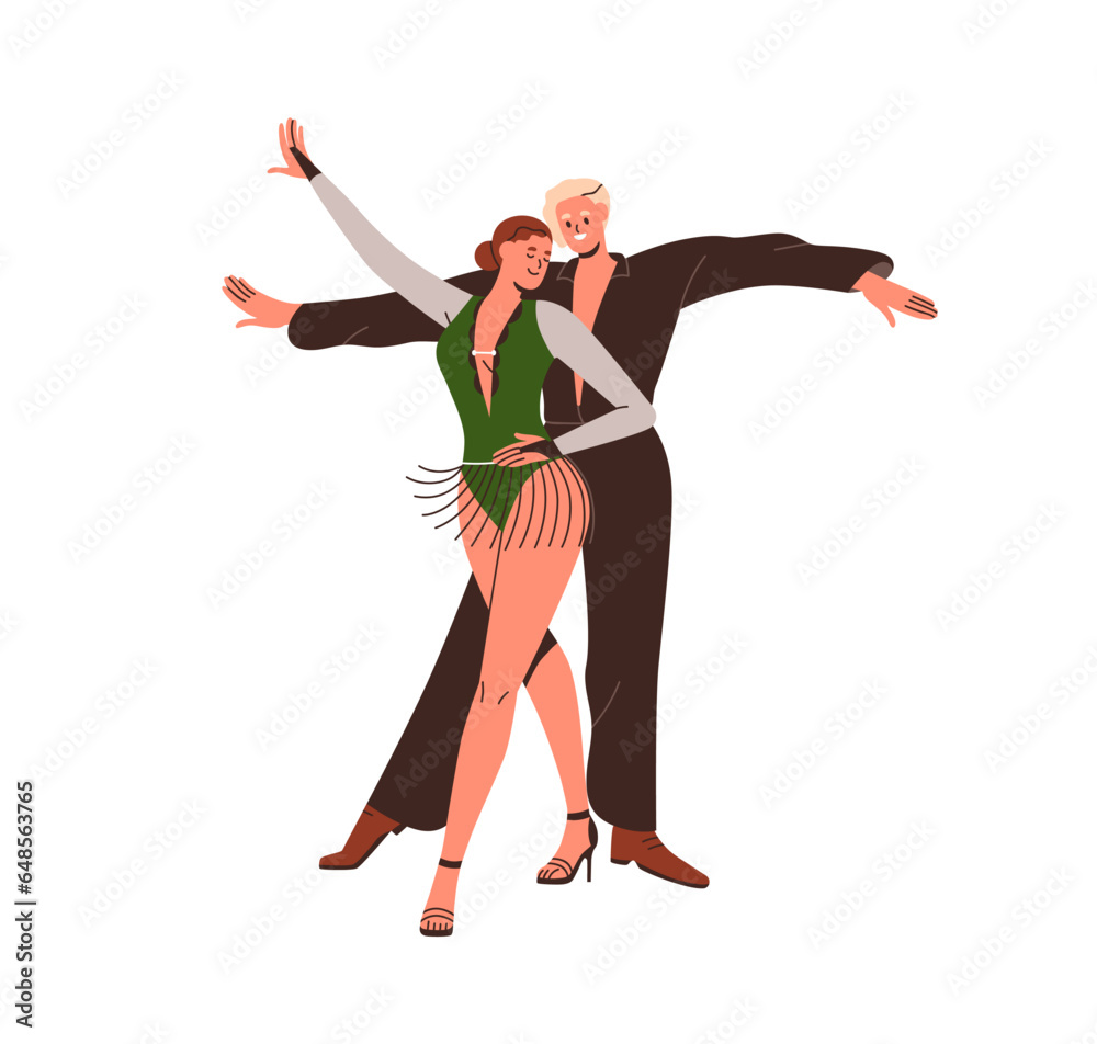 Partners, couple dancing rumba. Duet rhumba dancers, man and woman in passion movement, graceful pose. Happy two people performing choreography. Flat vector illustration isolated on white background