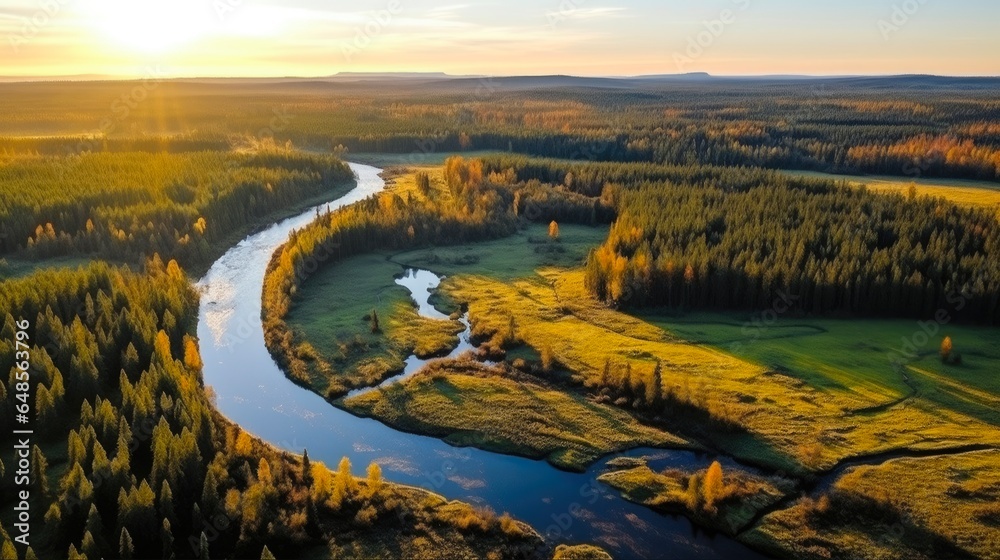 Winding River Aerial View with Drone at Sunset: Autumn Forest, Rural Field, and Grassy Top View