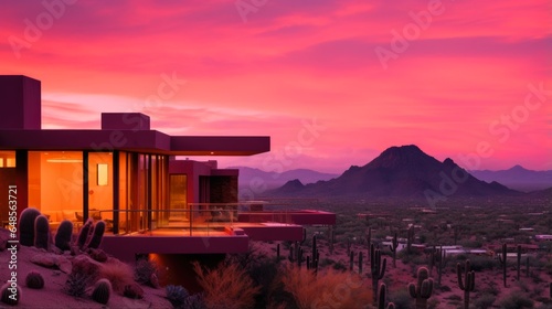 Pink and Purple Sunset in Phoenix, Arizona. Southwest Home with Desert and Mountain View in Scottsdale West