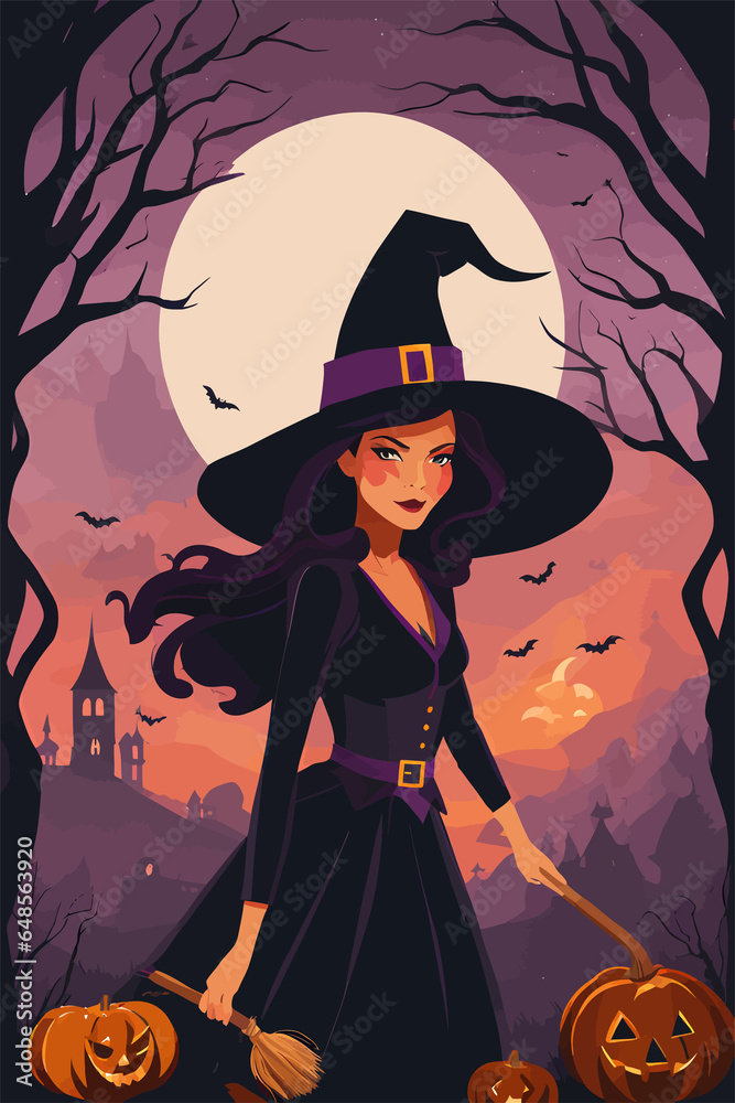 Witchcraft Wonders, Halloween Witch with Hat Vector Art Illustration Witchcraft Wonders, Halloween Witch with Hat Vector Art Illustration