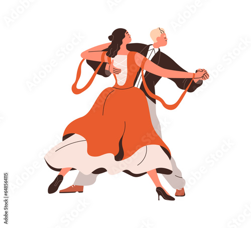 Man and woman partners couple performing waltz. Happy male and female duet, ballroom dance movement. Classic choreography performance. Flat graphic vector illustration isolated on white background