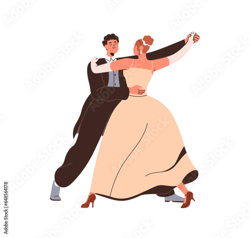 Waltz dancers partners. Woman in dress and man in suit, couple performing pair ballroom partner dance. Classic choreography performance. Flat graphic vector illustration isolated on white background