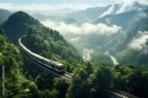 Train transportation traveling on mountain landscape.
