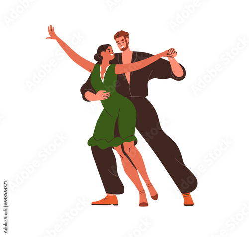 Dancers couple dancing. Happy young man and woman duet performing, moving to ...