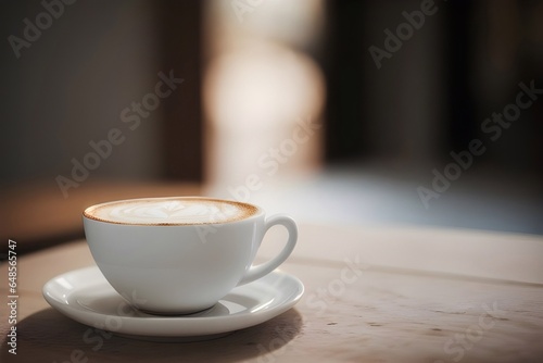 White cappuccino cup on the table. Aesthetic shot with a blurred background. Generative AI