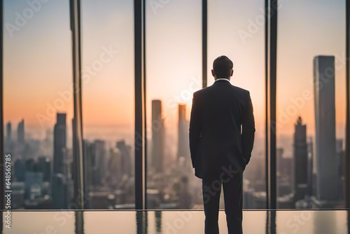 Businessman looking out of a window at skyscrapers at sunset. Back of man standing and looking out the large windows to cityscape. Success concept. AI