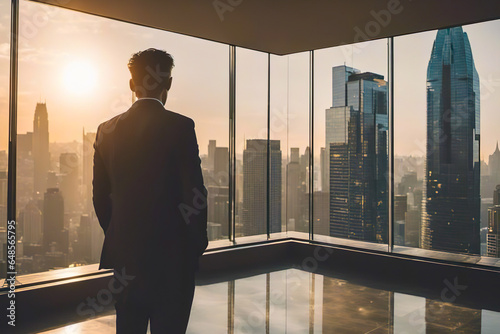 Back of man standing and looking out the large windows to cityscape. Businessman looking out of a window at skyscrapers at sunset. Success concept. AI