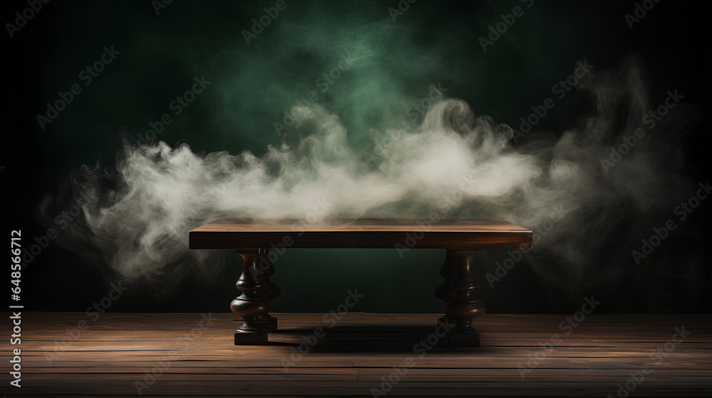 empty wooden table with smoke float up on dark background