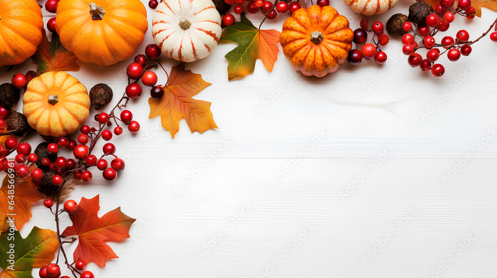 Autumn decor with pumpkins, berries, and leaves on a white wooden background for Thanksgiving or Halloween. Flat lay with space for text. Autumn decor with pumpkins, berries, and leaves on a white wooden background for Thanksgiving or Halloween. Flat lay with space for text.