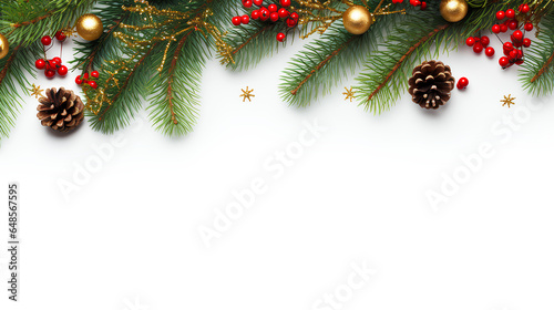 Festive Christmas border, isolated on white background. Fir green branches are decorated with gold stars, fir cones and red berries. Close-up, copy space 