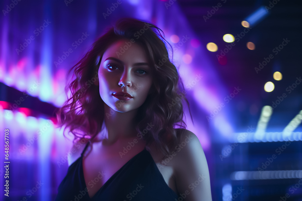 Portrait of a beautiful girl in a black dress on a background of neon lights