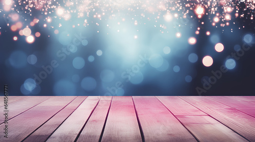A festive Christmas stage scene background featuring a wooden floor covered in snow and defocused Christmas lights, with a color palette dominated by blue and pink turquoise tones, creating an evening