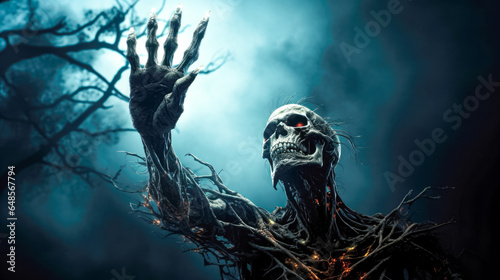 Scary zombie hand on dark background. Halloween concept.