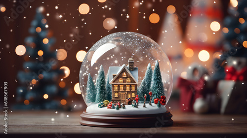 Close-up of Snow Globe with Blurred Festive Room in Background