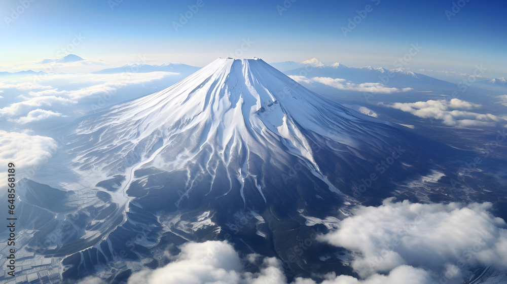Direct aerial perspective positioned right above the middle-top of Mount Fuji