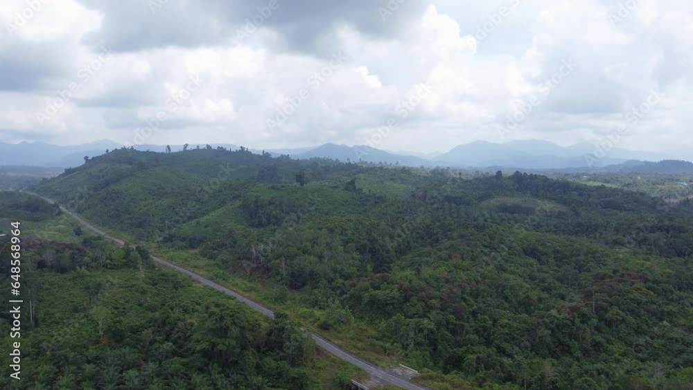 aerial view of forests and mountains being cut open for road construction in South Kalimantan aerial view of forests and mountains being cut open for road construction in South Kalimantan