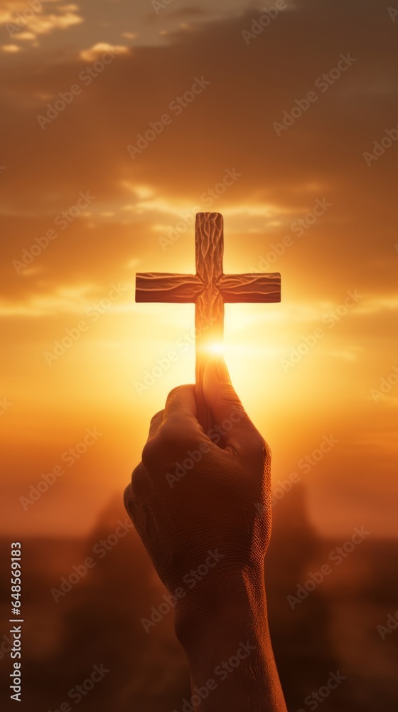 A person holding a cross against a breathtaking sunset backdrop