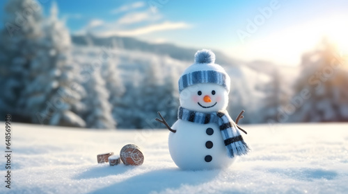 Merry Christmas and happy new year with a snowman in the winter landscape
