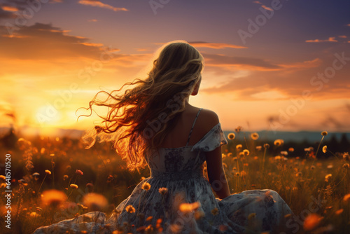 Beautiful woman relax on grass field flower on sunset sky 