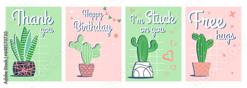 Set of greeting cards with cacti in flat style. Colorful illustration of postcards in trendy colors green and pink.