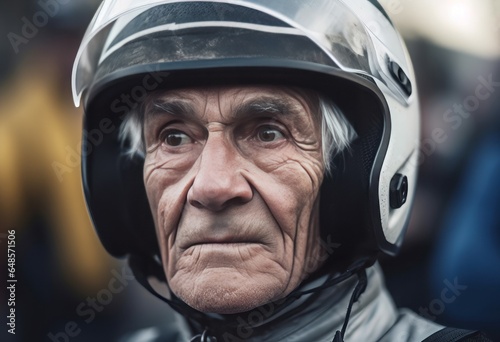 Aged man motorsport racer with helmet. Generate Ai