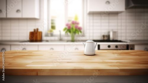 Wooden tabletop counter with tea pot in front of bright out of focus kitchen